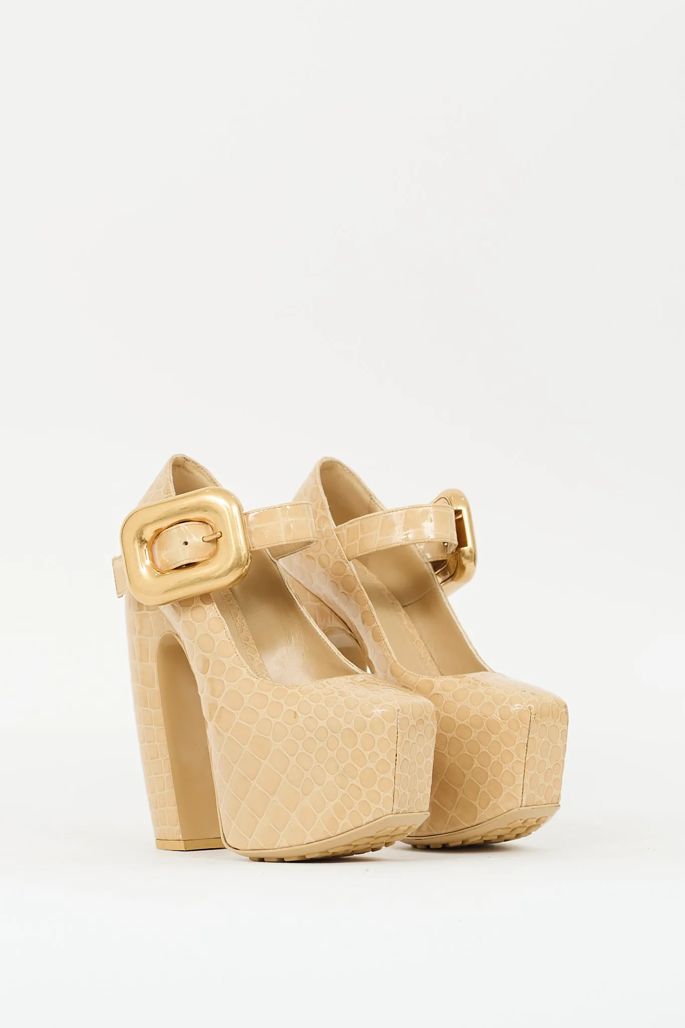 Beige Embossed Leather Mostra Mary Jane Pump