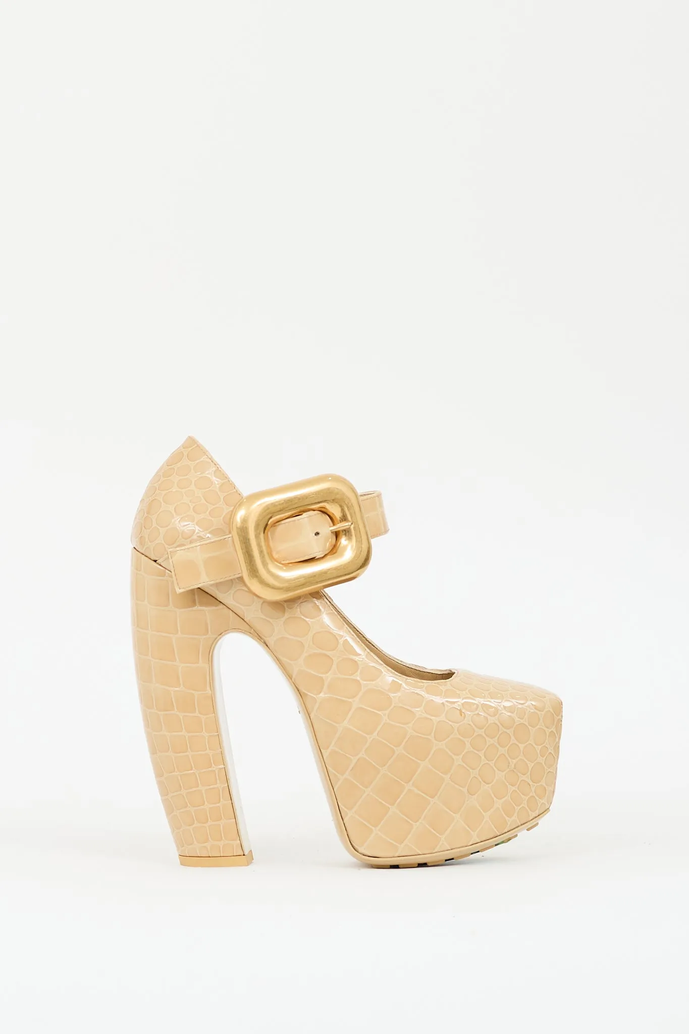 Beige Embossed Leather Mostra Mary Jane Pump