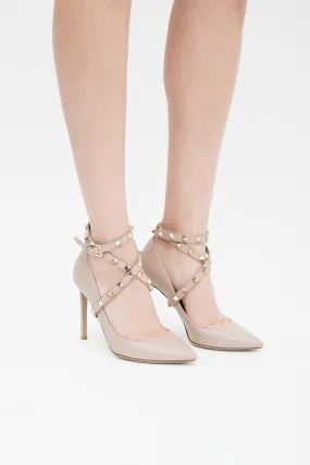 Beige Leather Rockstud Wrap Pump