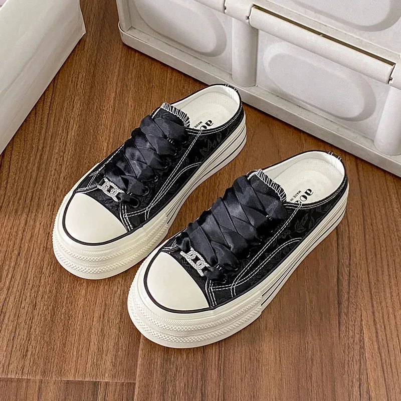 binfenxie  -  2024 Summer Women's Canvas Platform Sneakers Slip On Mules Backless Fashion Slide Loafers Walking Shoes Casual Clipper