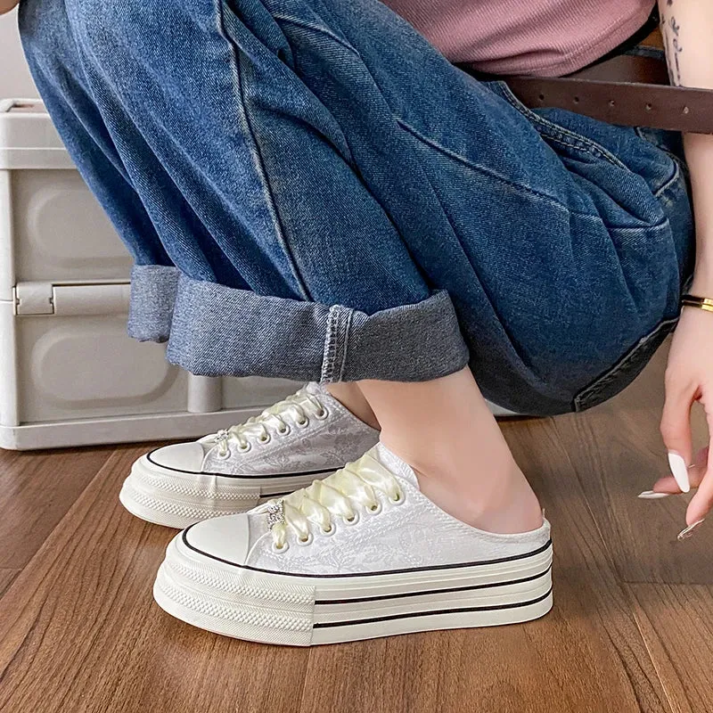 binfenxie  -  2024 Summer Women's Canvas Platform Sneakers Slip On Mules Backless Fashion Slide Loafers Walking Shoes Casual Clipper