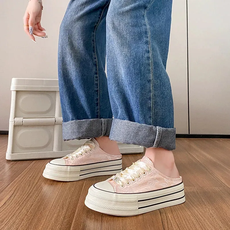 binfenxie  -  2024 Summer Women's Canvas Platform Sneakers Slip On Mules Backless Fashion Slide Loafers Walking Shoes Casual Clipper