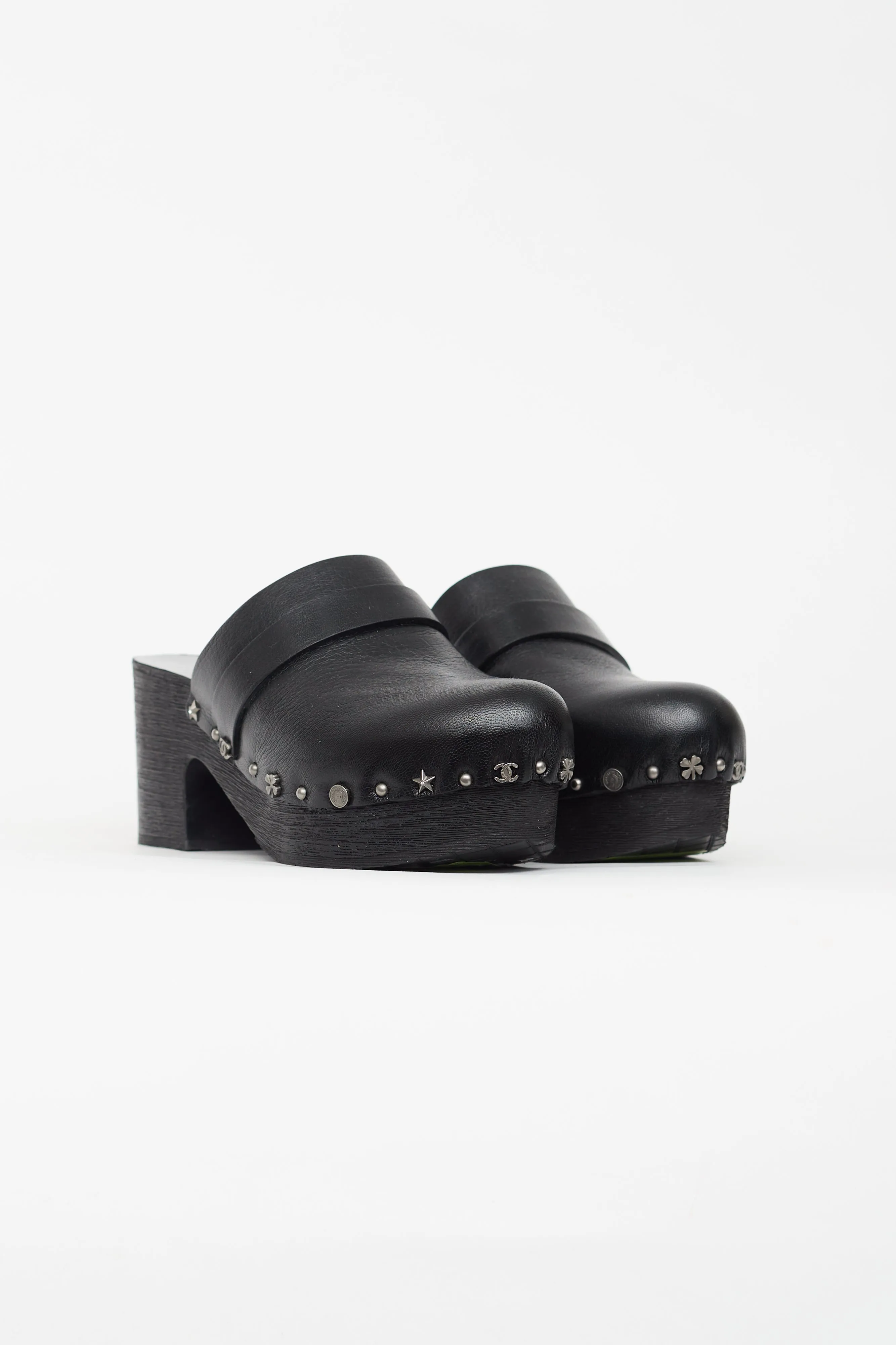 Black Leather Charm Clog Mule