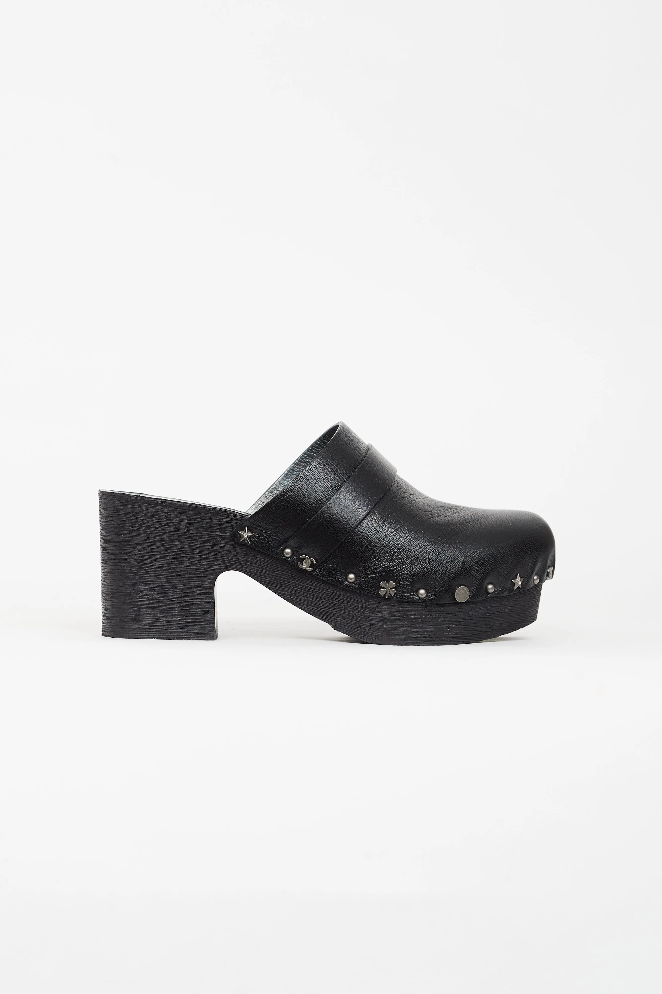 Black Leather Charm Clog Mule