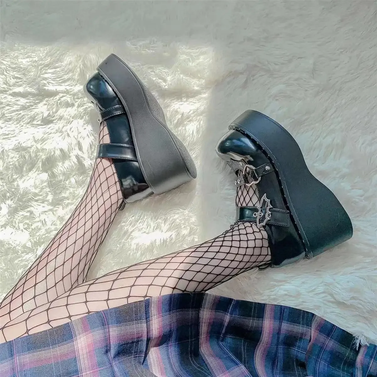 Black Mary Jane Platform Shoes with Bat Decoration