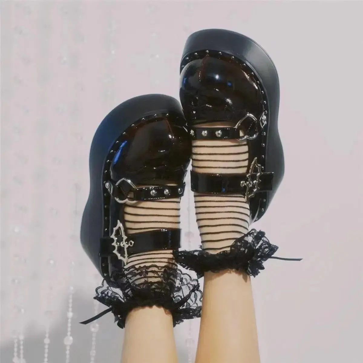Black Mary Jane Platform Shoes with Bat Decoration