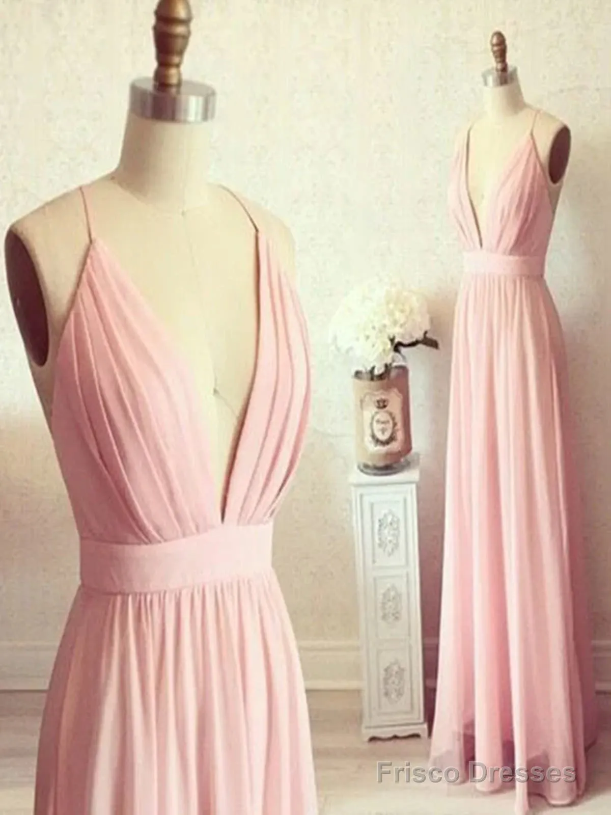 Custom Made A Line V Neck Backless Pink Long Prom Dress, V Neck Backless Formal Dress, Bridesmaid Dress