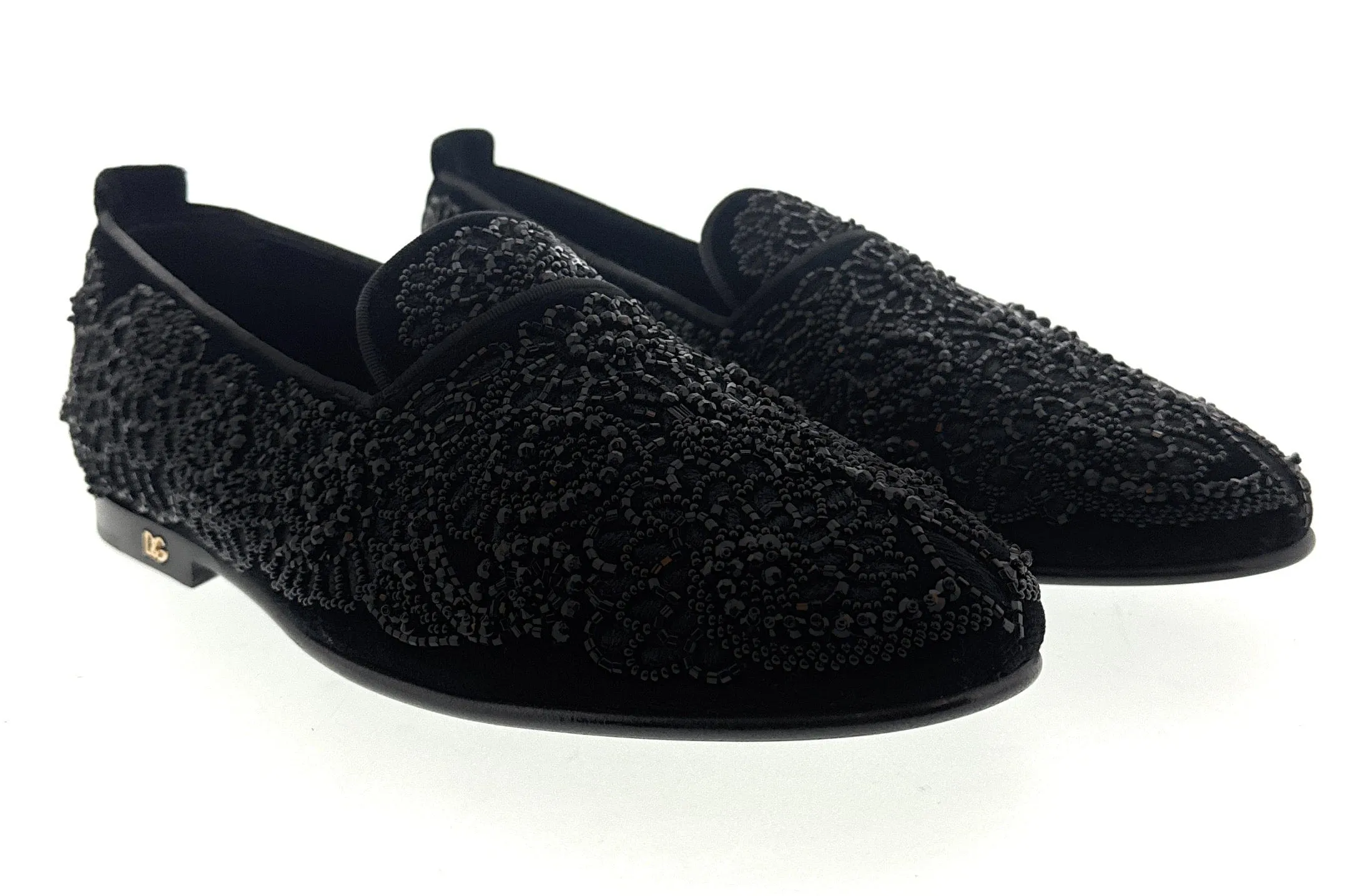 Dolce & Gabbana Men's Black Velvet Beaded Embroidered Loafers SlipOn Shoes-EU39