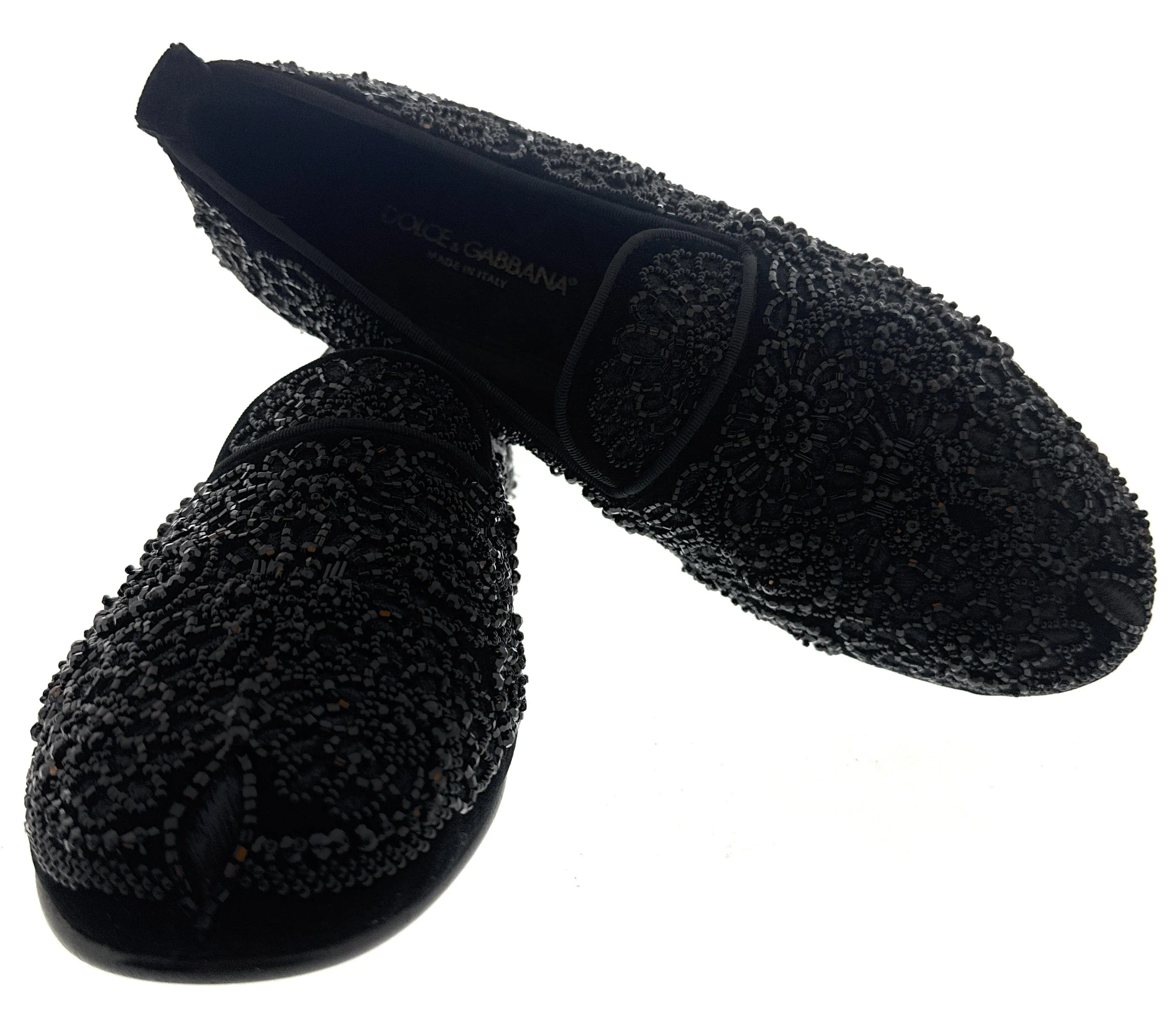 Dolce & Gabbana Men's Black Velvet Beaded Embroidered Loafers SlipOn Shoes-EU39