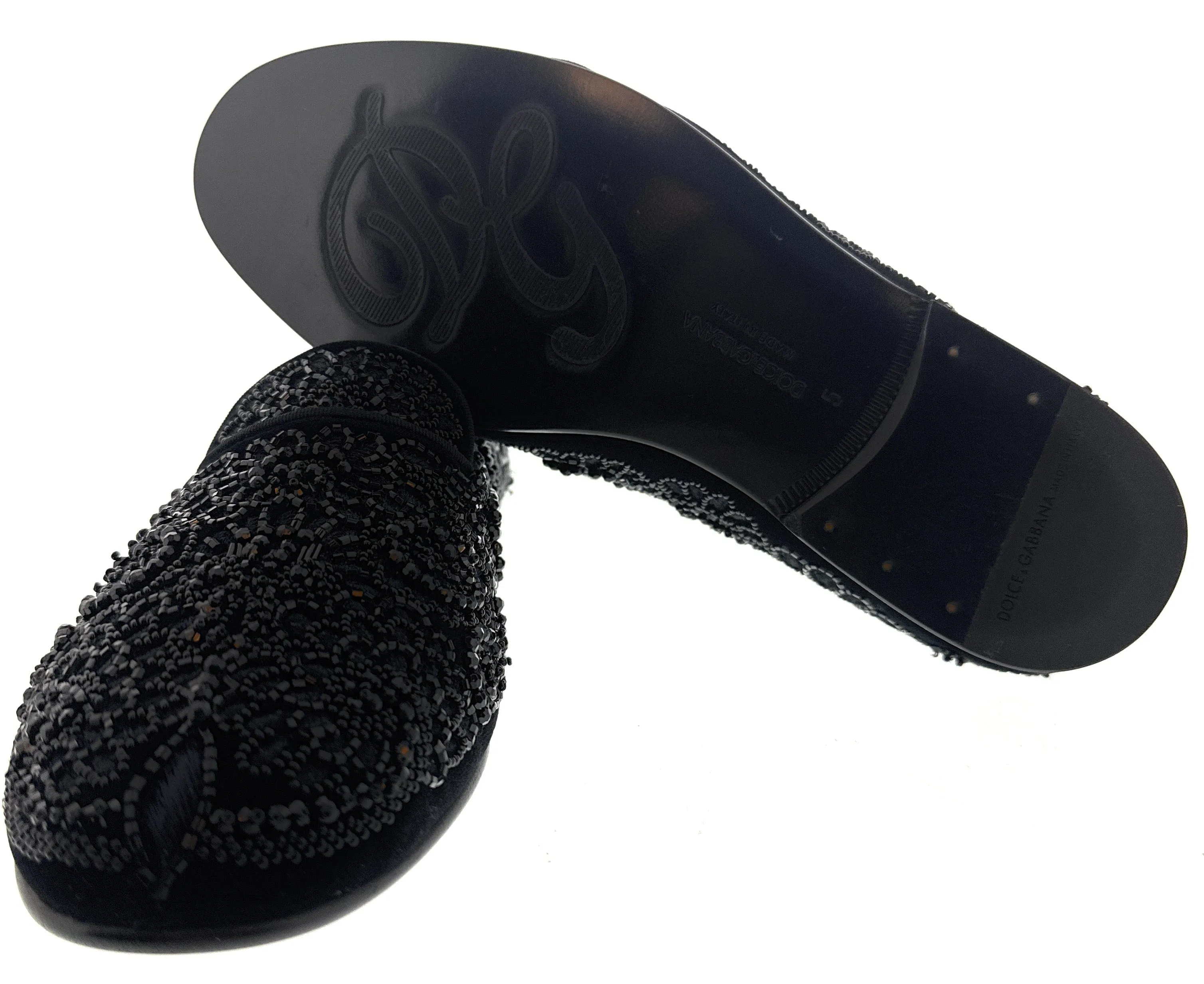 Dolce & Gabbana Men's Black Velvet Beaded Embroidered Loafers SlipOn Shoes-EU39