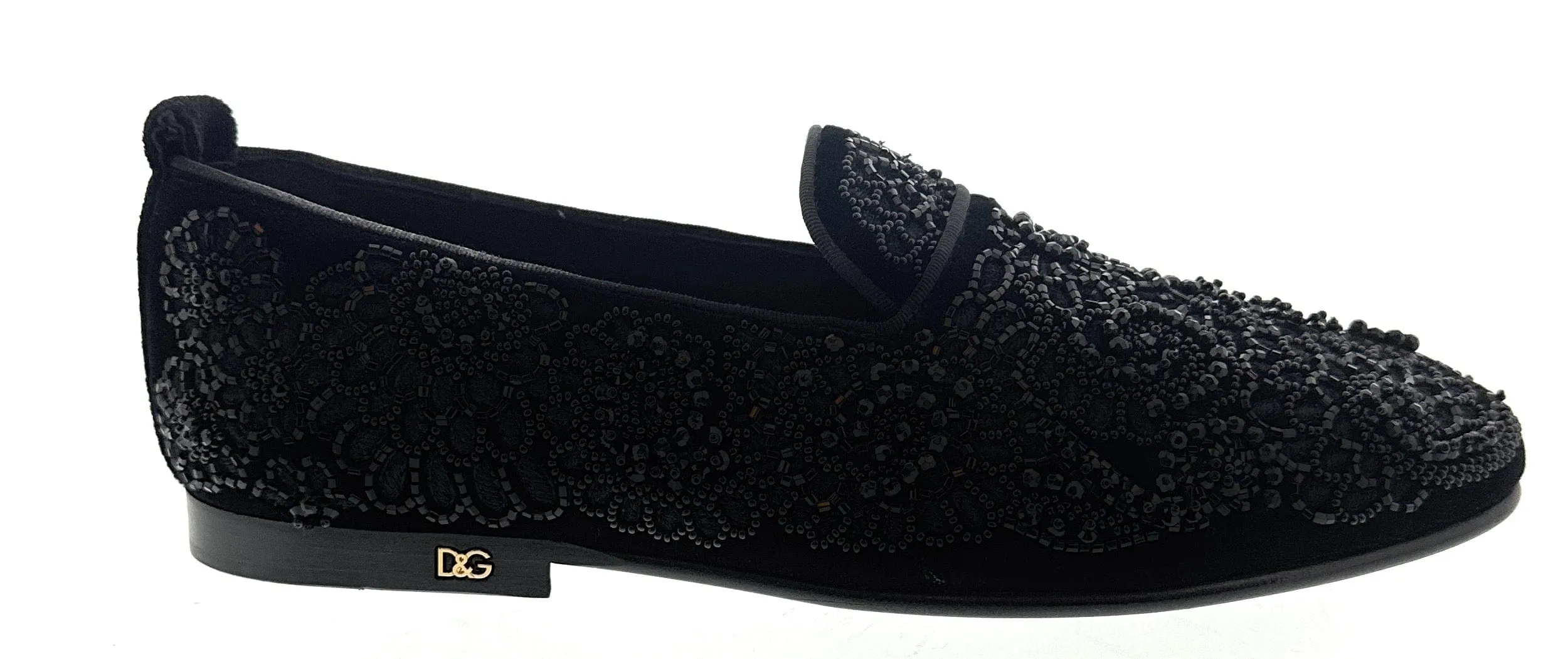 Dolce & Gabbana Men's Black Velvet Beaded Embroidered Loafers SlipOn Shoes-EU39