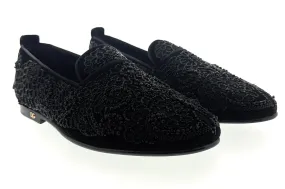 Dolce & Gabbana Men's Black Velvet Beaded Embroidered Loafers SlipOn Shoes-EU39