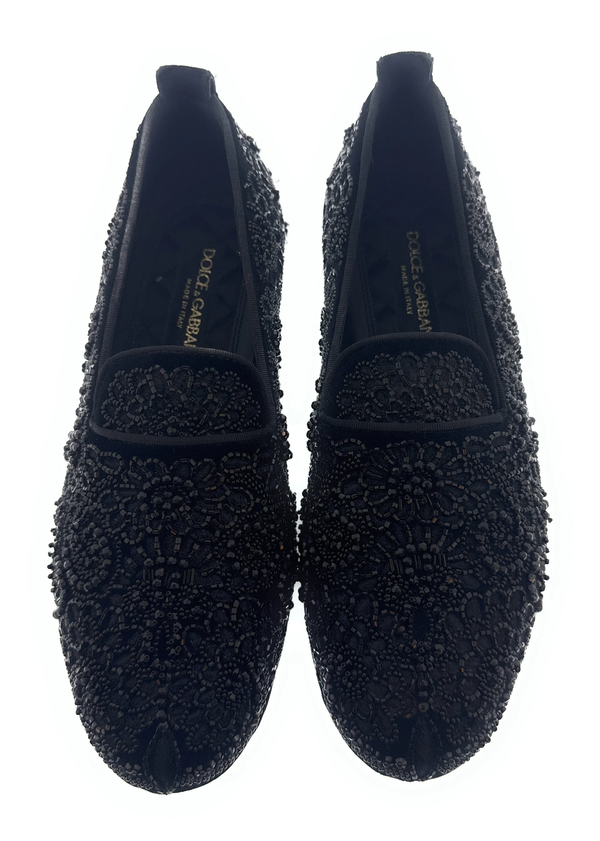 Dolce & Gabbana Men's Black Velvet Beaded Embroidered Loafers SlipOn Shoes-EU39