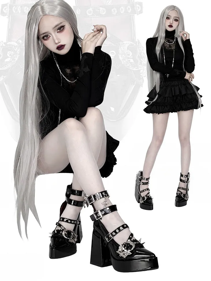 Gothic Polished Black Cross Heart Buckle Straps Stud Platform High Block Heels