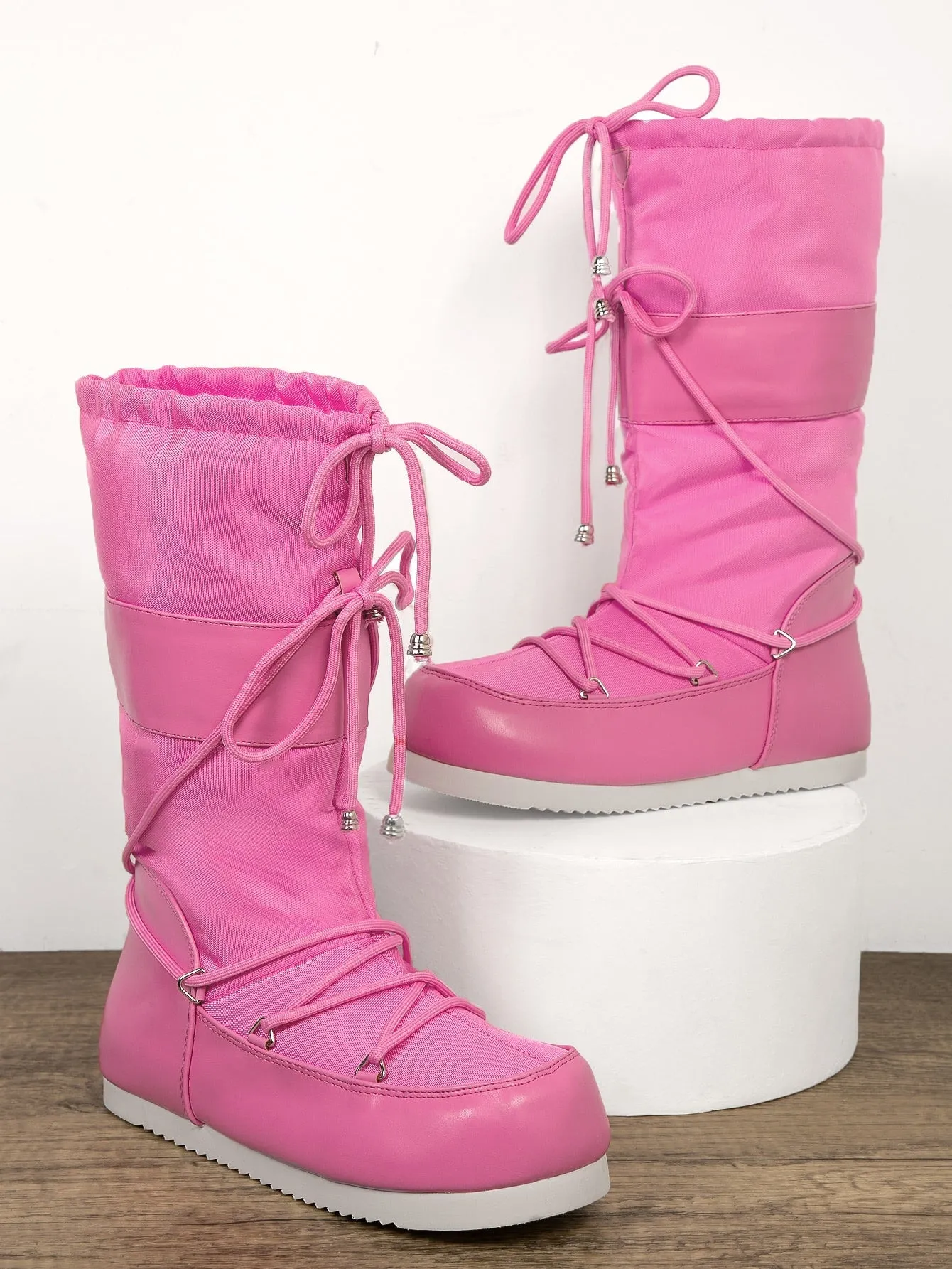 Lace Up Pink Puffy Snow Boots