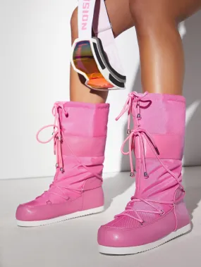 Lace Up Pink Puffy Snow Boots