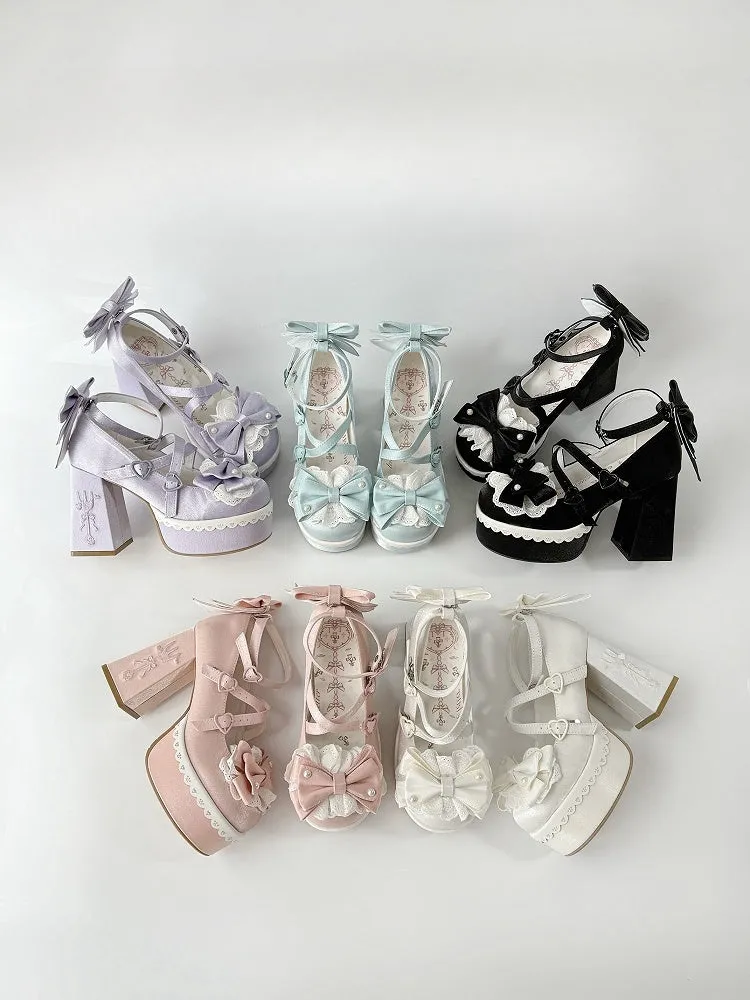 White Lolita Lace Bowknot  Fork Embroidery Platform Block High Heels