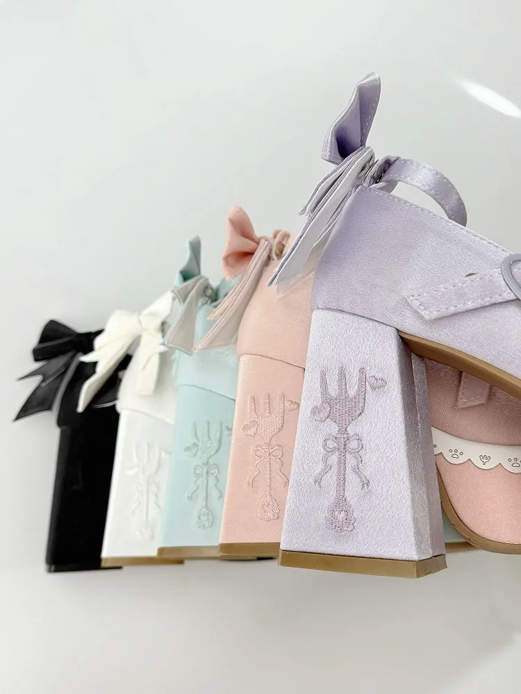 White Lolita Lace Bowknot  Fork Embroidery Platform Block High Heels