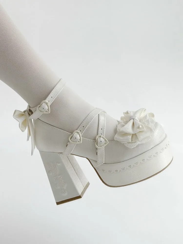 White Lolita Lace Bowknot  Fork Embroidery Platform Block High Heels